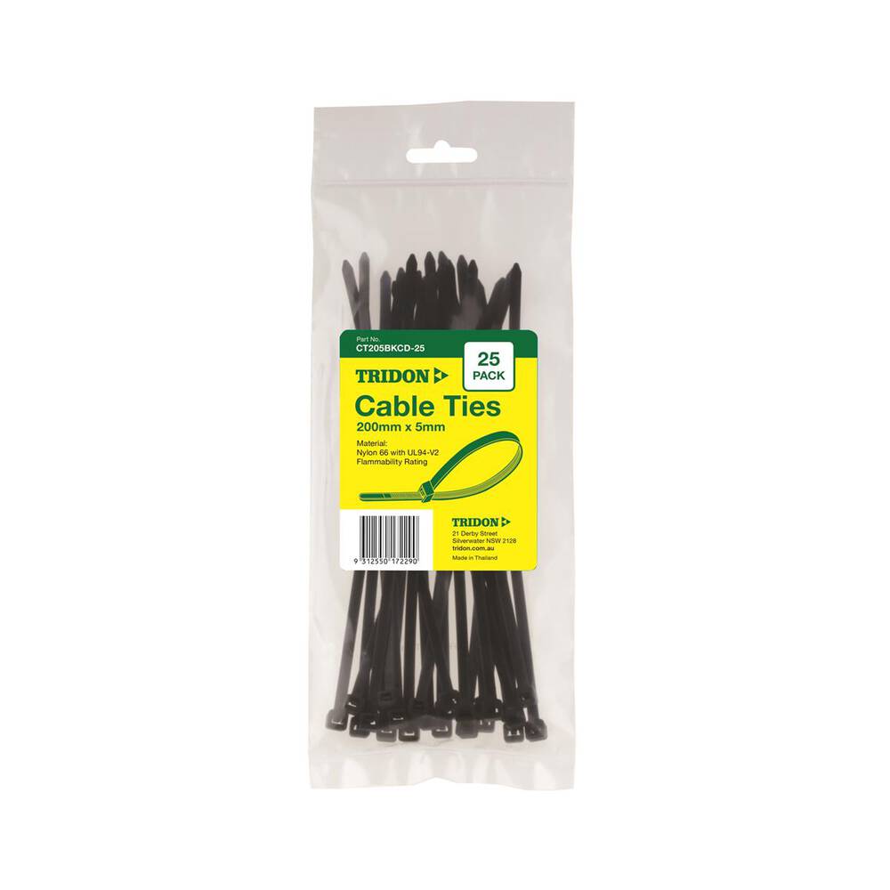 Cable Tie Tridon Black 200mm x 5mm CT205BKCD-25 Pack 25