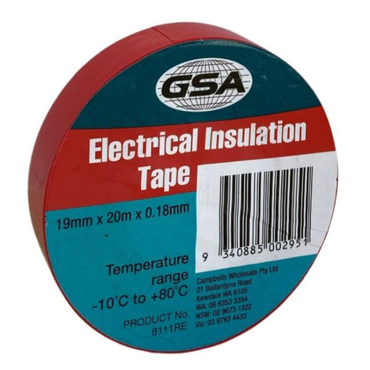 GSA ELECTRICAL TAPE RED 0.18MM - 19MM X 20MTR - Pack of 10