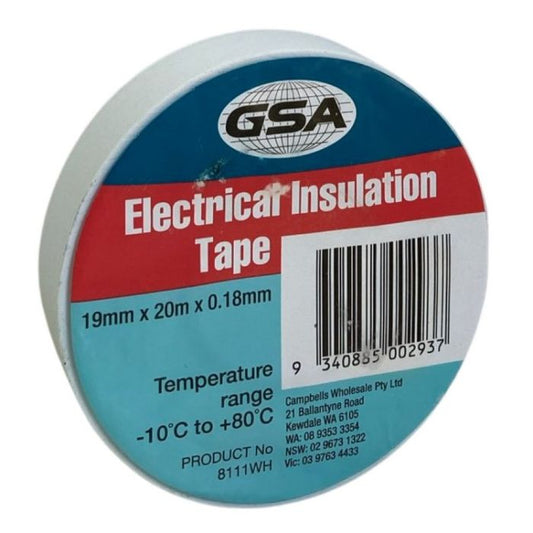 GSA ELECTRICAL TAPE WHITE 0.18MM - 19MM X 20MTR Pack of 10