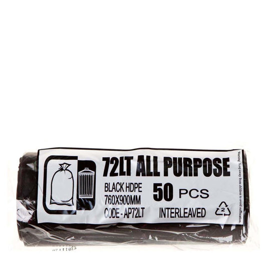 Garbage Bag Bin Liner Black HDPE 72L All Purpose AP72LT 50 Bag Pack