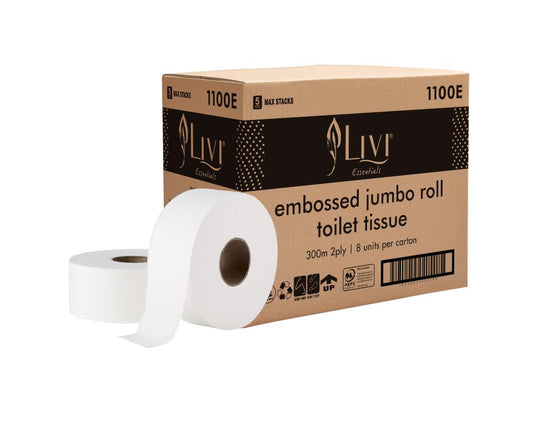 Livi 1100E Essentials Toilet Tissue Roll 2 Ply Jumbo White - 8 Rolls