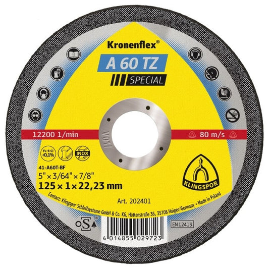 Klingspor A60 TZ Ultra Thin Cutting Off Wheel 125mm x 1mm Box of 10 202401